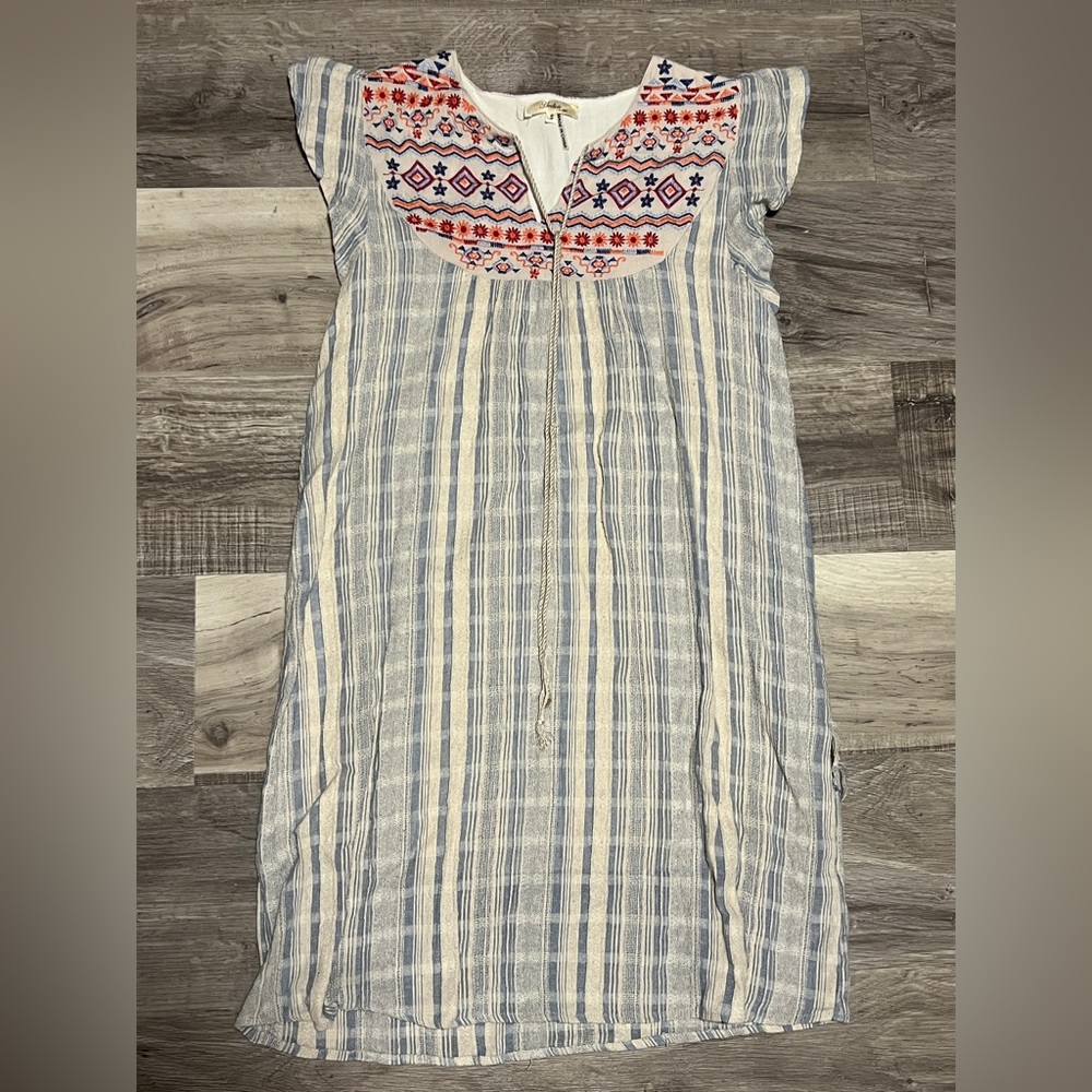 Andree Embroidered Dress Size S Blue Cream Striped lined